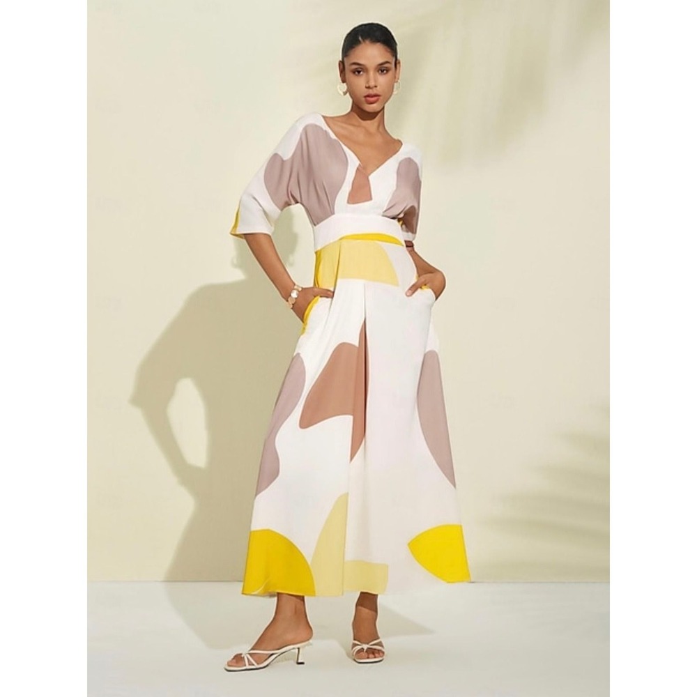 Ador Yellow Abstract Floral Print Maxi Dress VNeck Half Sleeve Pockets S NWT